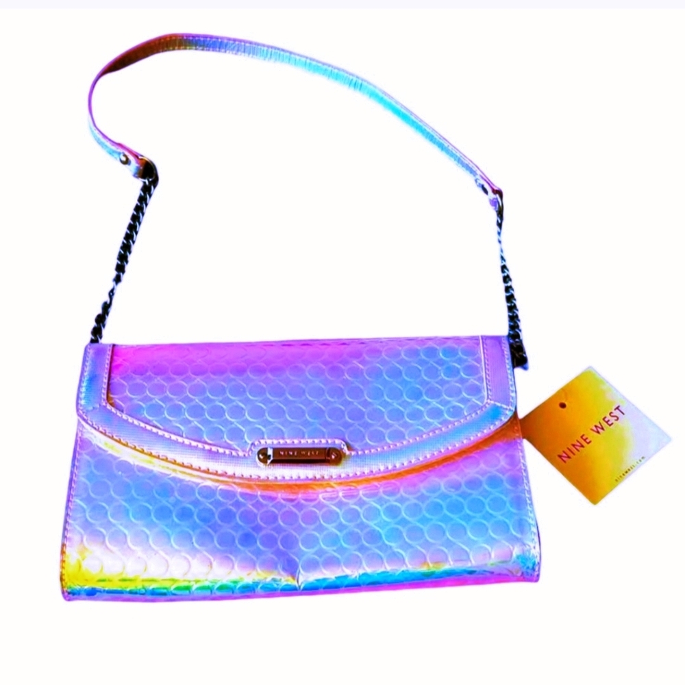 Nine West Holographic Rainbow Shoulder Bag Purse Clutch Magnetic Close BRAND NEW